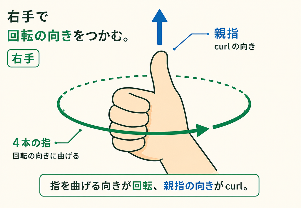 右手の4本の指を回転方向に曲げると、伸ばした親指がcurlの向きを示す。