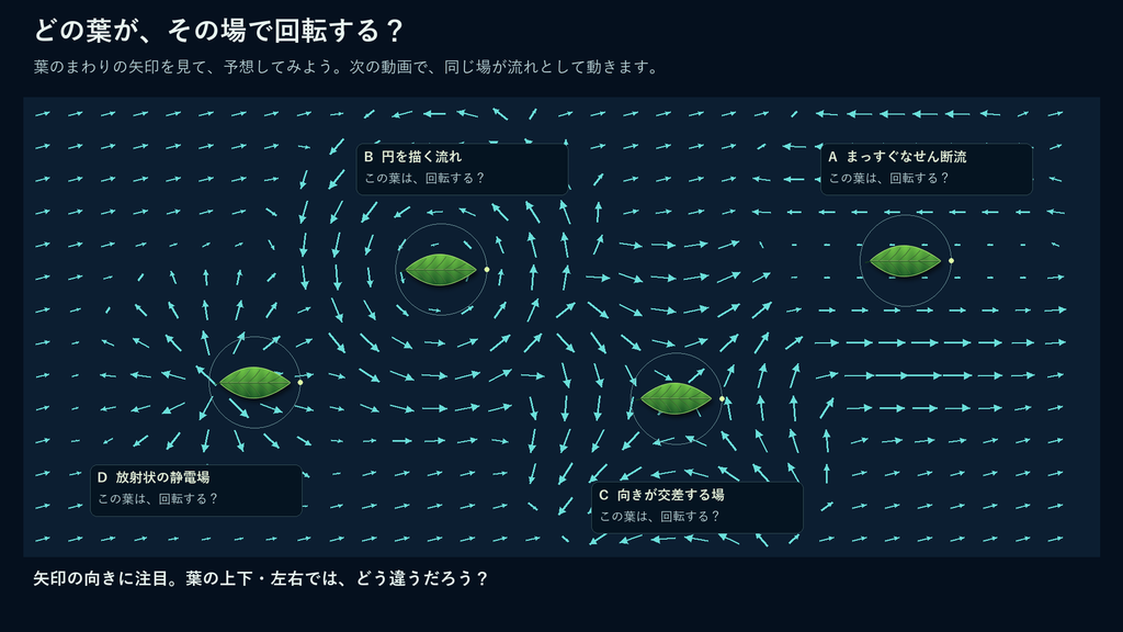Aはまっすぐなせん断流、Bは円を描く流れ、Cは向きが交差する場、Dは放射状の静電場。各場に葉を置いた予想用の矢印図。