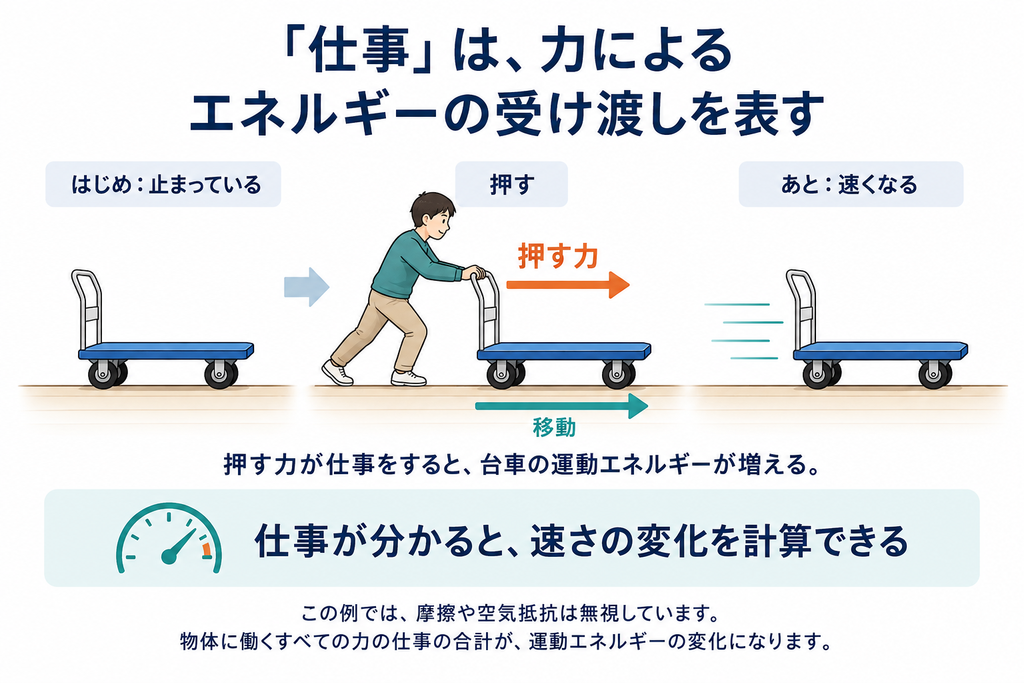 台車を押す力が仕事をし、台車の運動エネルギーが増える。仕事は力によるエネルギーの受け渡しを表す。